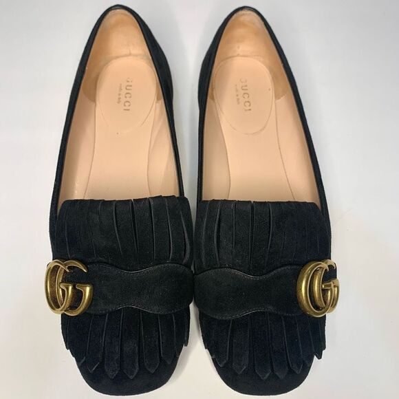 Gucci Marmont Flats GG Kiltie Fringe Suede Loafer Black Size EU 36.5 US 6.5 - Picture 2 of 11